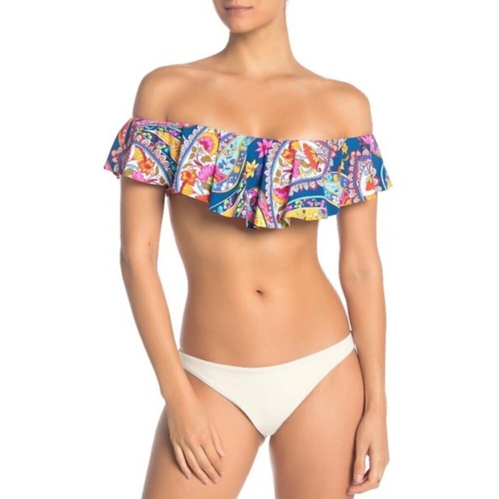 TRINA TURK Off-the-Shoulder Moroccan Paisley Print Bikini Top Dark Teal 10 NWOT